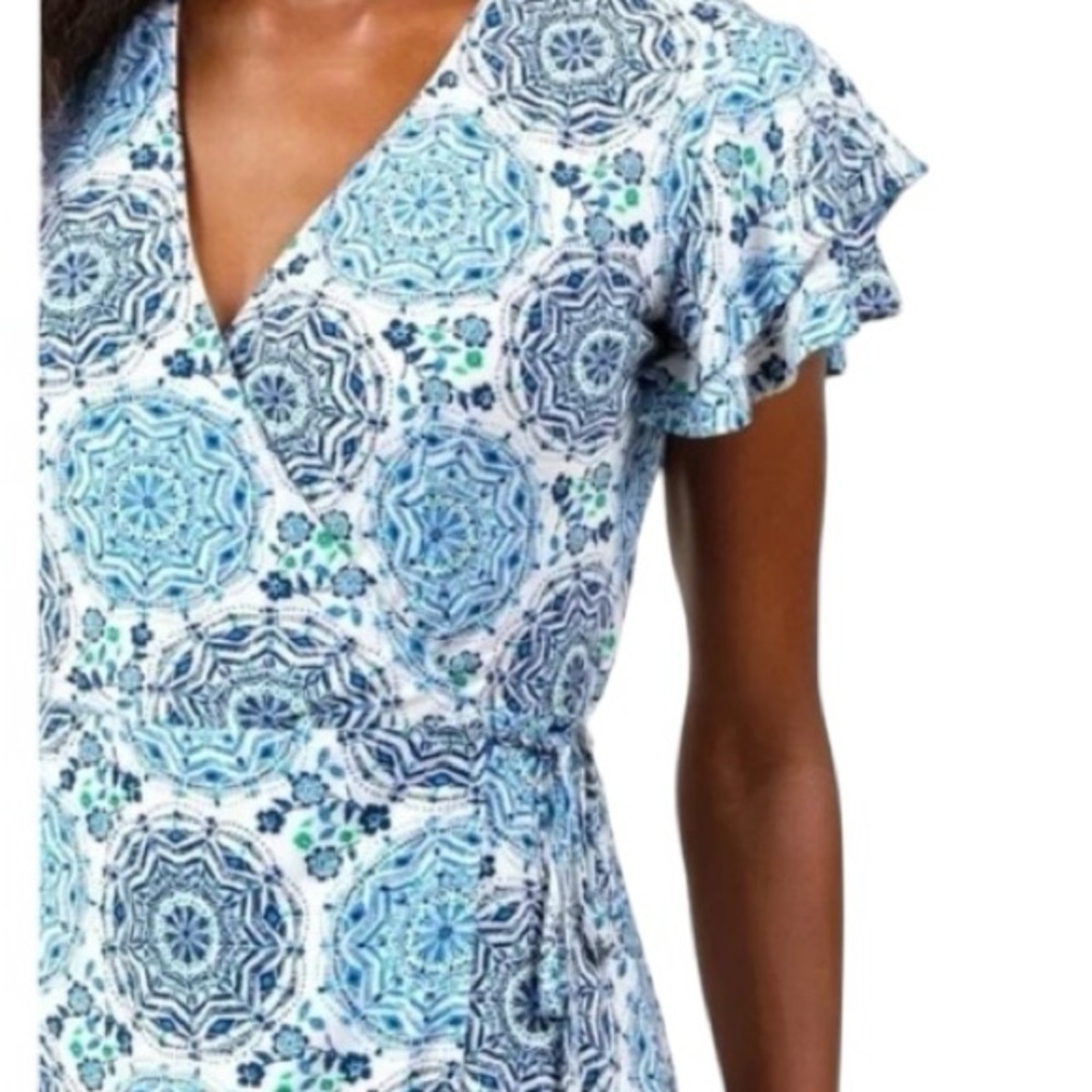 Harper Heritage Floral Design Ruffle Cap Sleeve Wrap Dress Blue - Picture 2 of 14